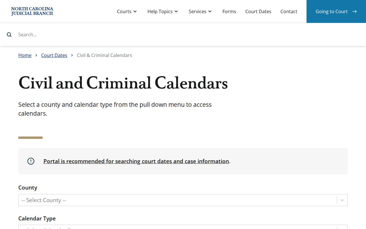 Wilson County court calendar service for North Carolina civil and criminal hearings