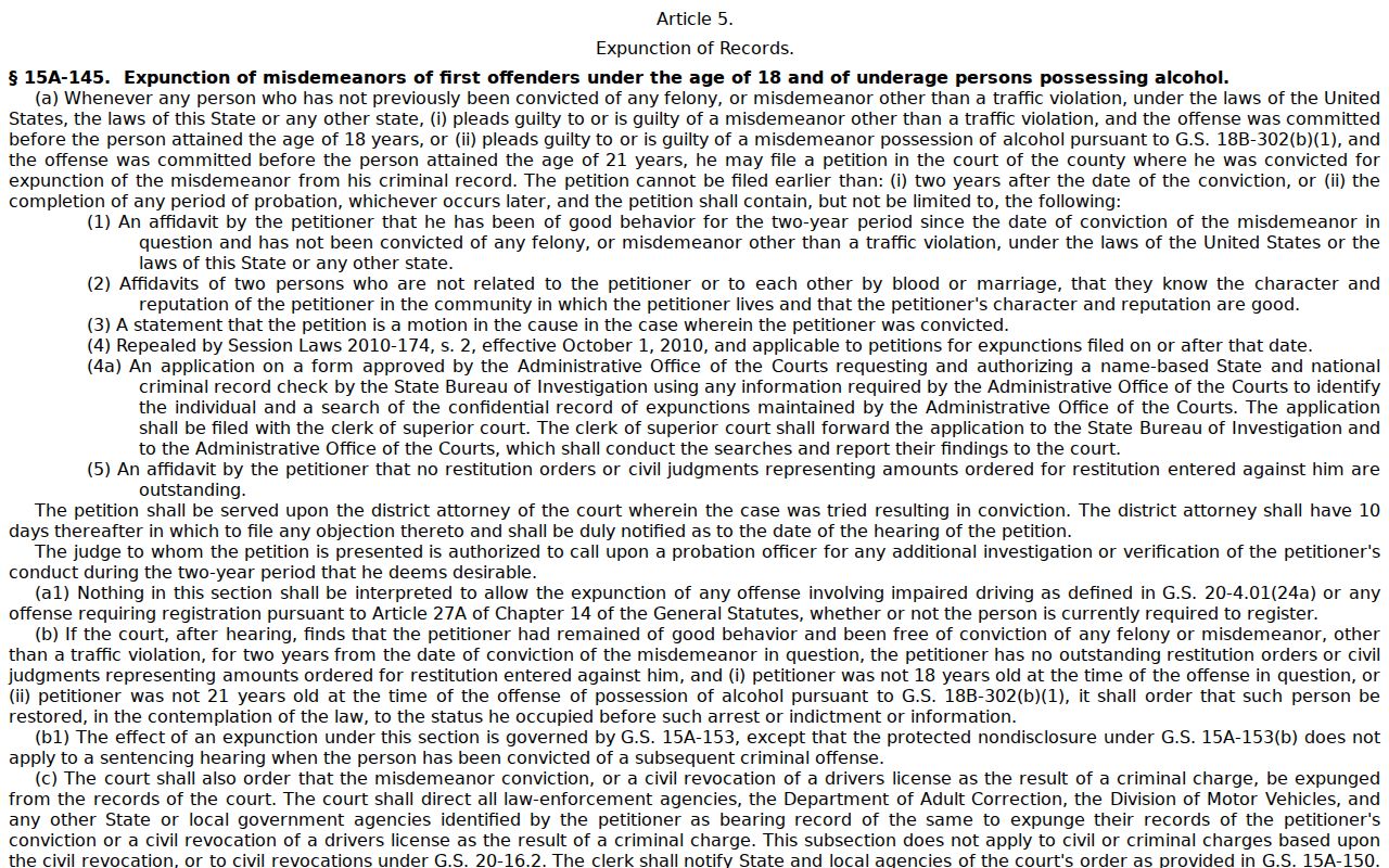 Wilson County criminal docket reference to North Carolina expunction statute